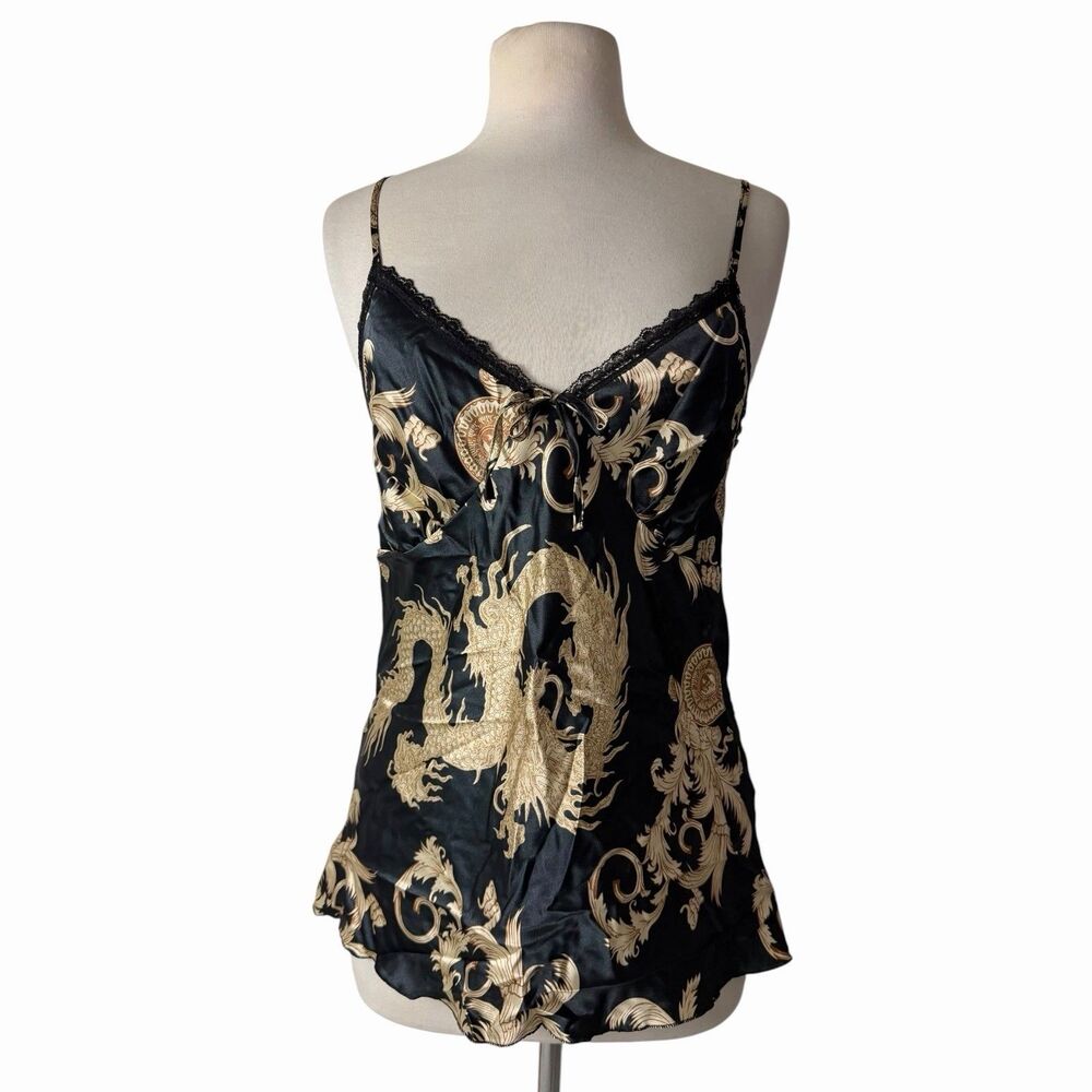 Black Babydoll Satin Dragon Baroque Lace Camisole Top Cami Gold Graphic Medium